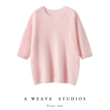 100%纯山羊绒衫女圆领套头毛衣拉绒五分袖宽松温柔针织衫秋冬新款