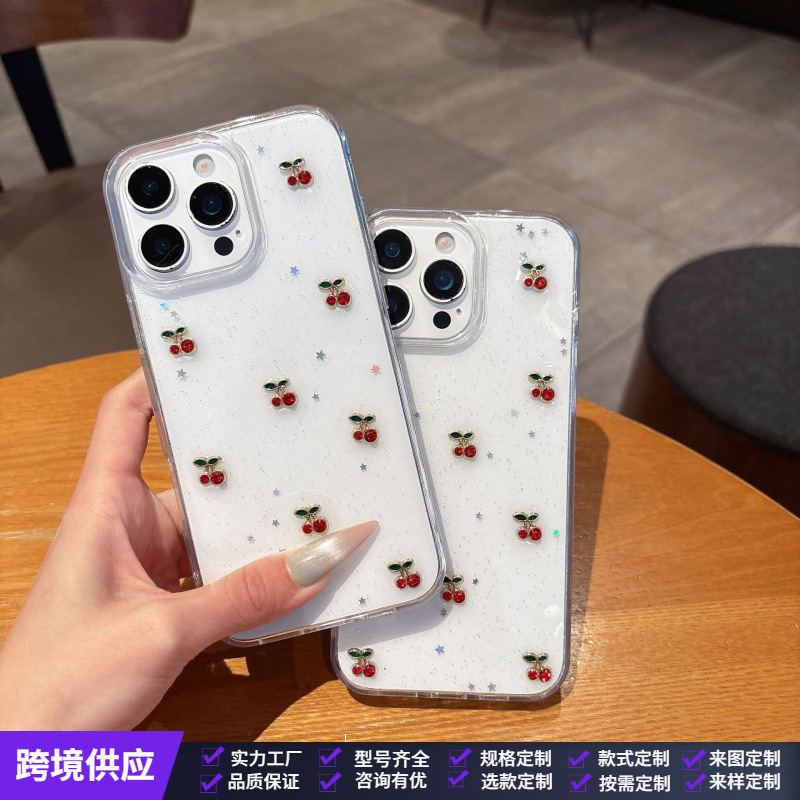 Ins Glitter Stereo Cherry Transparent Mobile Phone Case Suitable for Iphone16Promax Glue Apple 17 Protective Cover