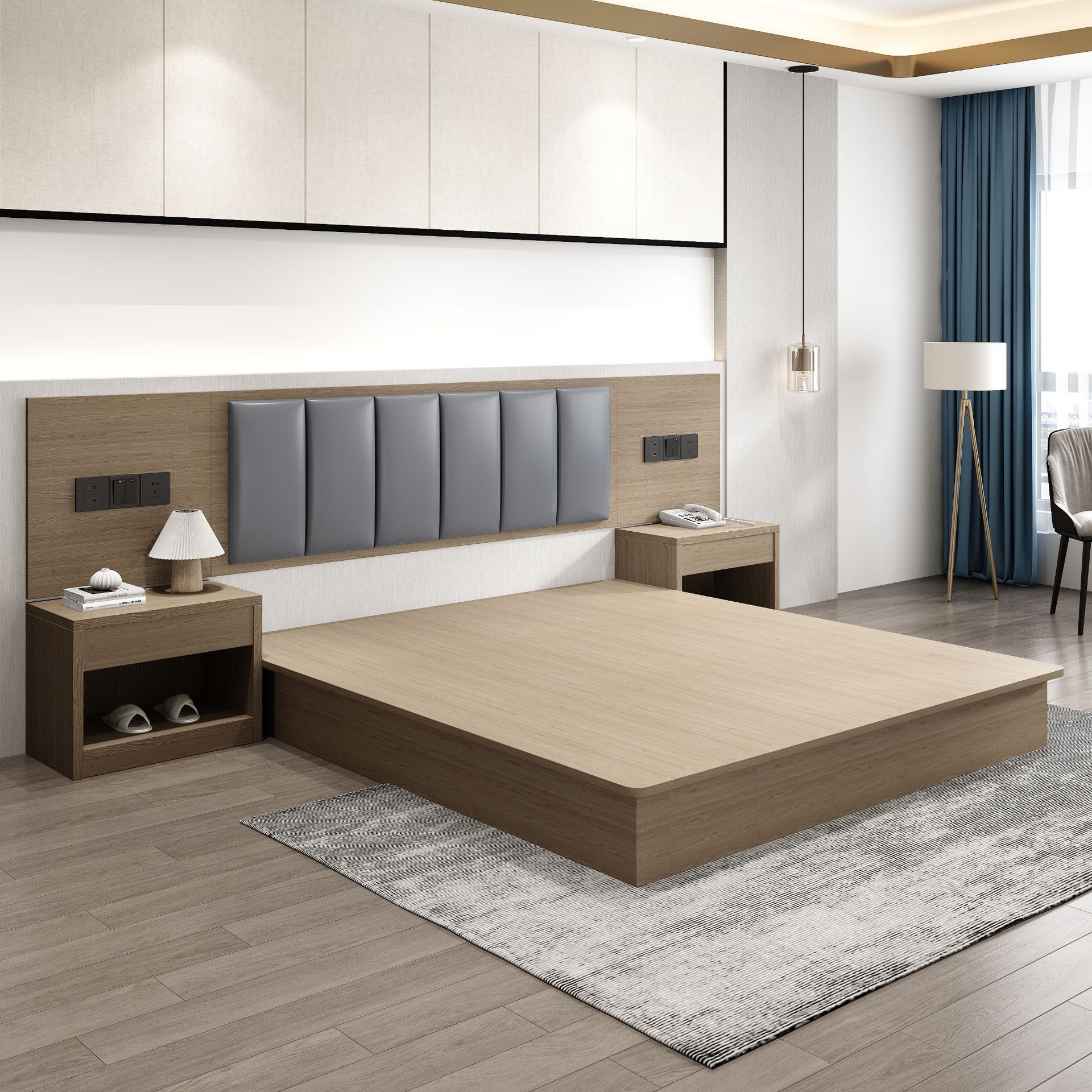 Hotel Express Muebles de habitación estándar Suite completa Apartamento Hotel B & B Caja de cama Mesita de noche Pantalla de cama Personalización de fábrica