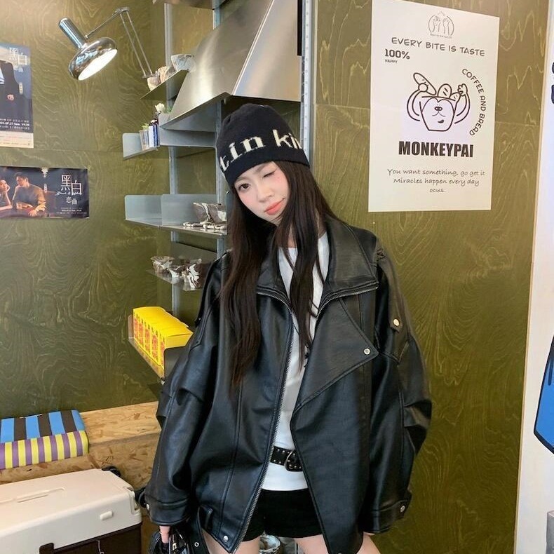 美式辣妹机车夹克宽松pu皮衣外套女秋季新款设计感宽松夹克上衣潮|undefined