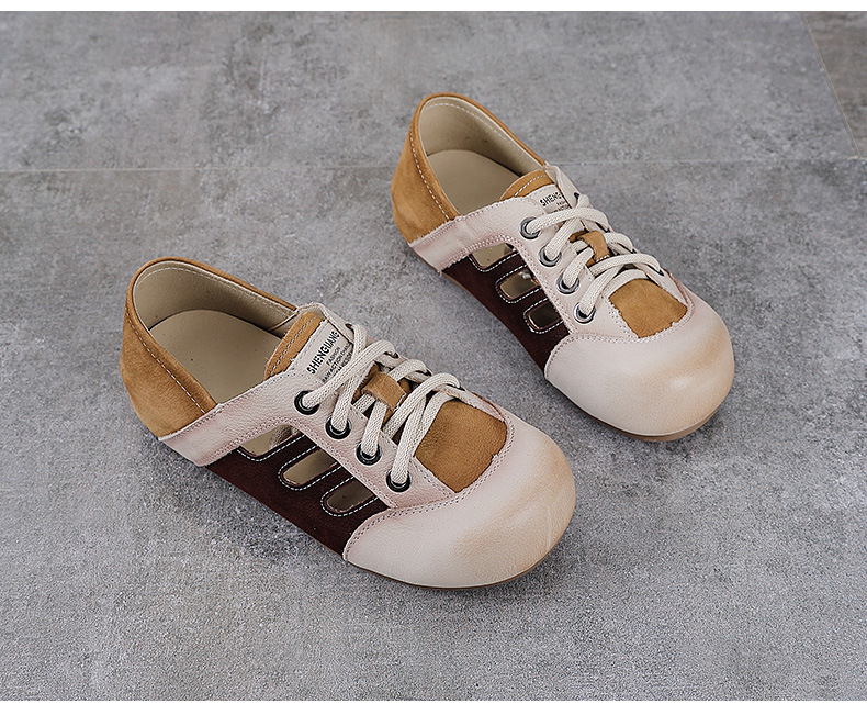 Giày sneaker nữ da thật phối màu cổ điển, đục lỗ thoáng khí, đế êm — màu nâu chi tiết 13