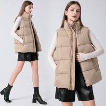 欧美跨境女装秋冬无袖棉服中长款立领保暖羽绒棉背心加厚马甲外套