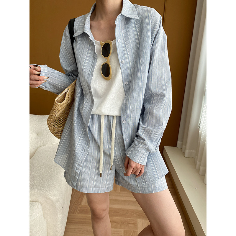 Sinan Comfortable Supremacy French Texture Striped Contrast Shirt Wide Leg Shorts Two-piece Suit SN5667