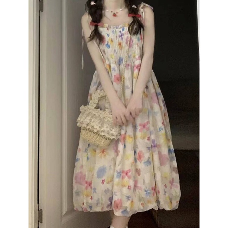 Floral Dress for Women 2026 Sweet Strapless Retro Gentle Elegant Waist-Cinching Cute Girl Seaside Vacation Long Dress