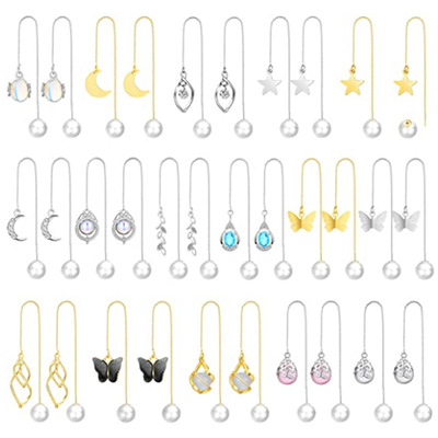 亚马逊月亮星星珍珠耳坠蝴蝶吊坠耳线前后款珍珠耳环瘦脸配饰|ru