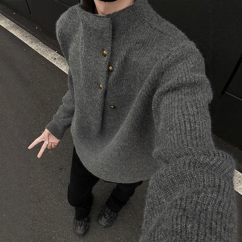 Irregular Button Design Turtleneck Knitwear Men's Autumn and Winter Korean Fashion Brand Lazy Casual Knitwear Top