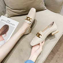 大岭鑫宇达~真皮粗跟单鞋女春秋新款方头中跟乐福鞋一脚蹬小皮鞋