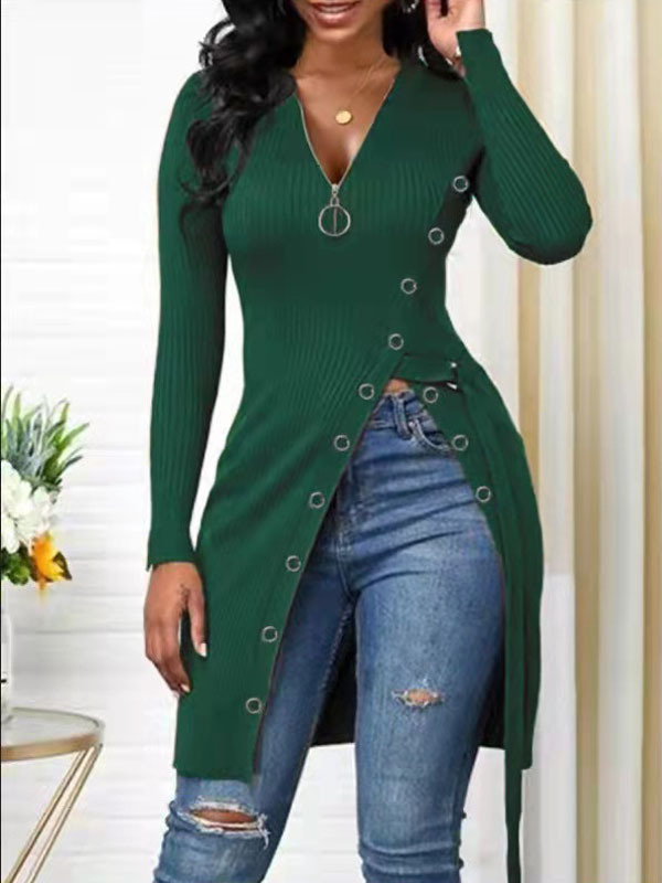 Women's V Neck Long Sleeve High Split Threaded Zipper Long Blouse Multiple Colors Available