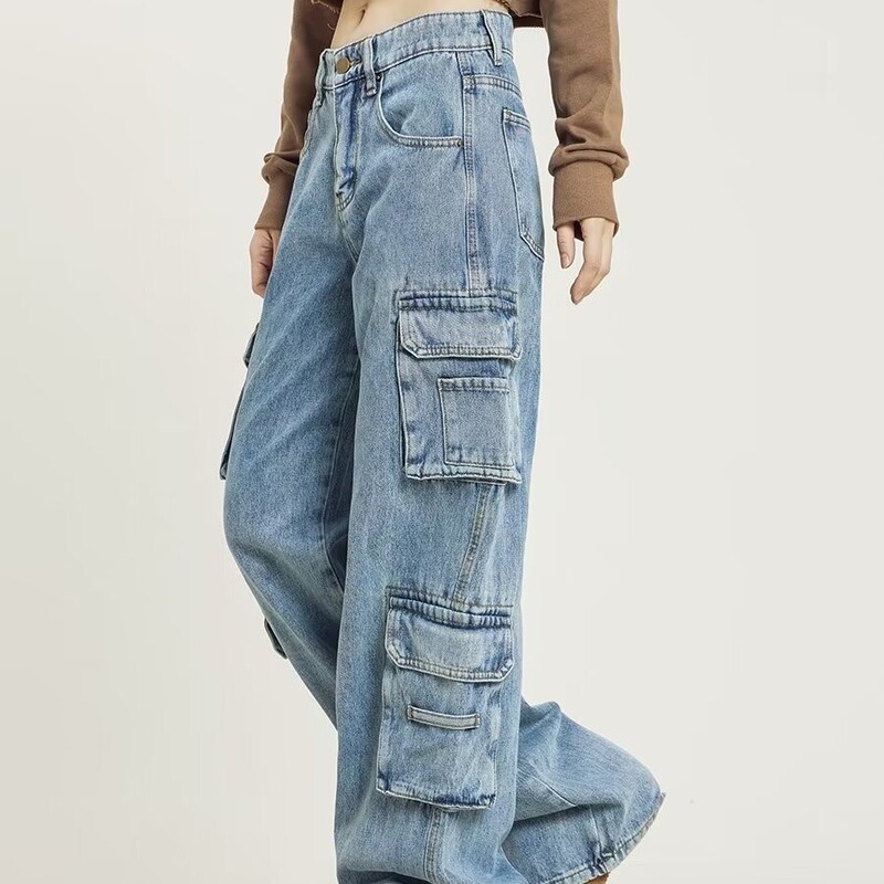 Covers Pants Spring and Autumn New Three-dimensional Patch Pocket Jeans National Fashion Brand Hip-hop Couple Washed Loose Wide-leg Pants Women