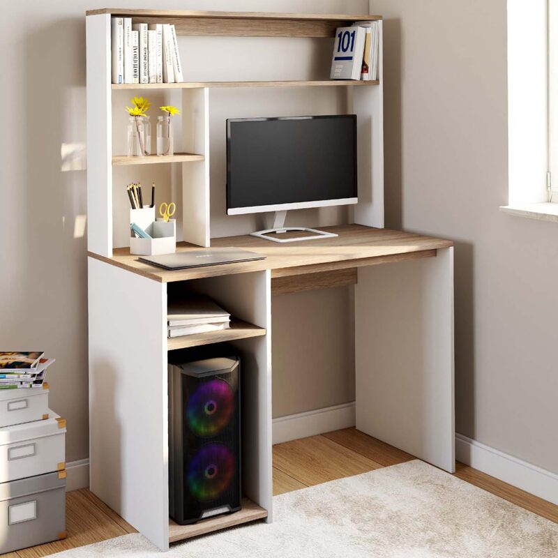 Custom-Made Factory Hot-Selling Computer Desk with Unique Two-Tone Design and Multiple Open Shelves