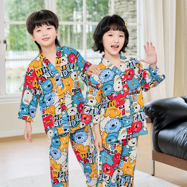 Summer Thin Cotton Silk Pajamas for Children, Three-Quarter Sleeve Home Wear Set for Baby Boys and Girls, Parent-Child Style
