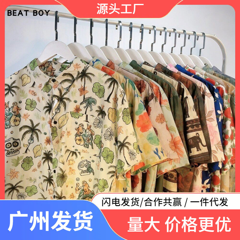 Guangzhou Wholesale Hawaiian Floral Shirts Short-Sleeve Vintage Retro Seaside Vacation Old Money Style Shirts for Men