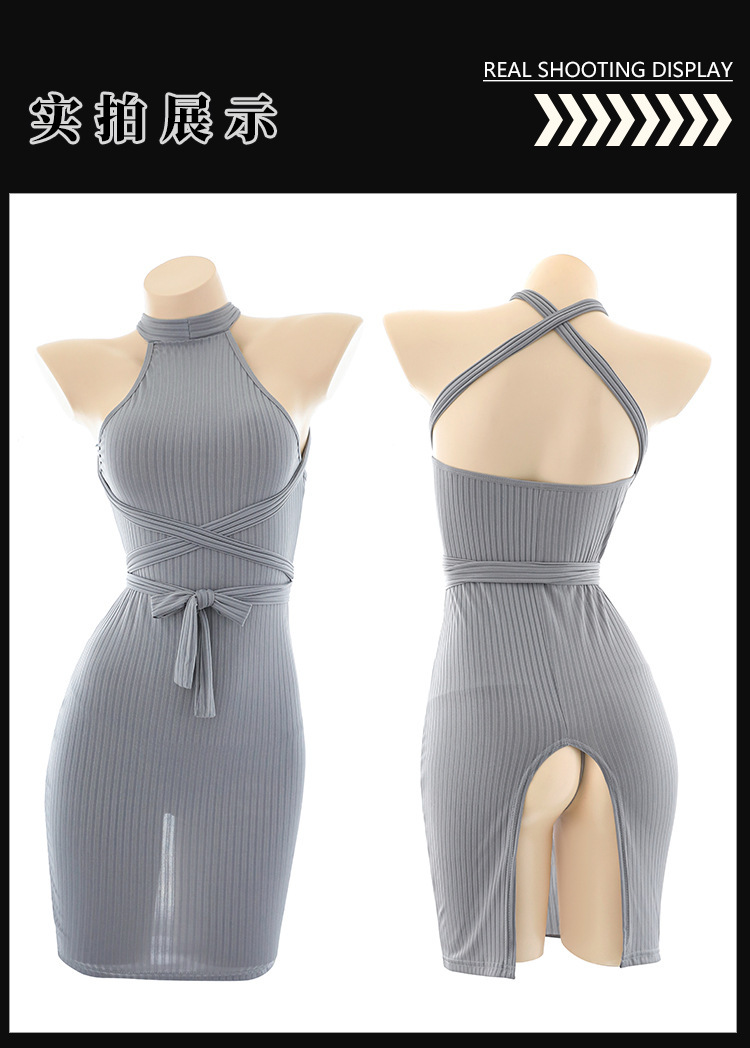 Feimu & Miji No-Wash Halter Off-Shoulder Slit Dress 6502 with Thong, Grey Knit, One Size — detail image 21