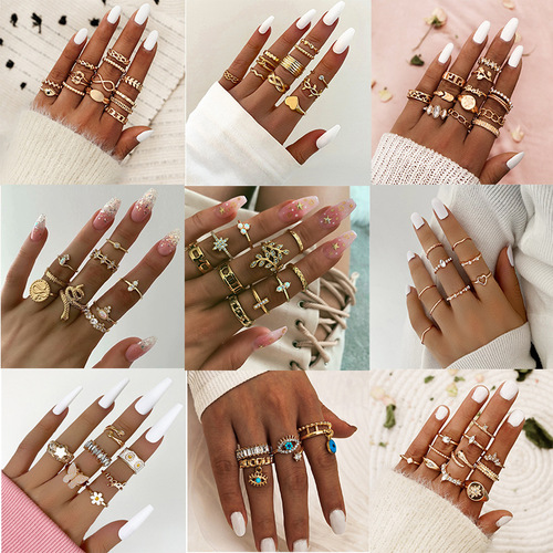 XP17 Foreign trade cross-border retro popular ring set Bomisian fashion Ring geometric metal diamond set for women