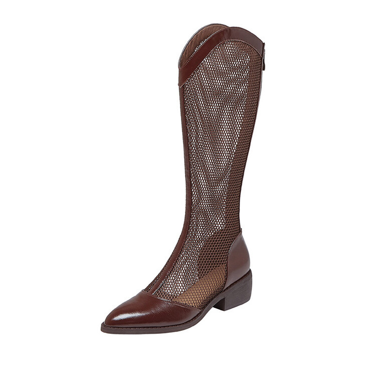 Boot nữ cổ cao da thật đế thô gót vuông ống lưới rỗng dây kéo sau — Màu nâu ống lớn, Ống nhỏ màu đen, Ống nhỏ màu nâu, Ống nhỏ màu trắng Be chi tiết 8