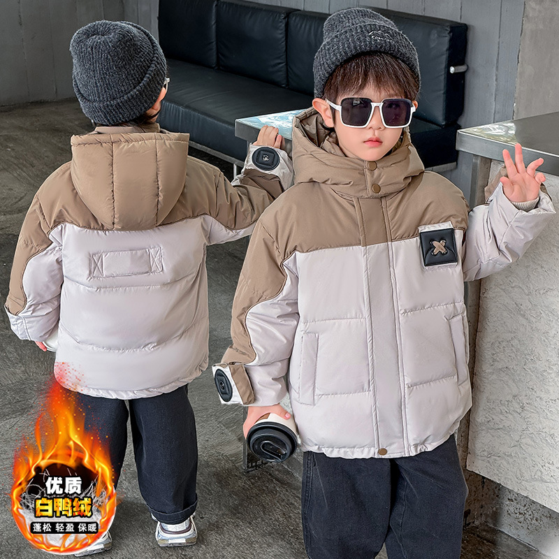 男童羽绒服冬季新款中小童时尚连帽拼色白鸭绒外套休闲宽松羽绒衣