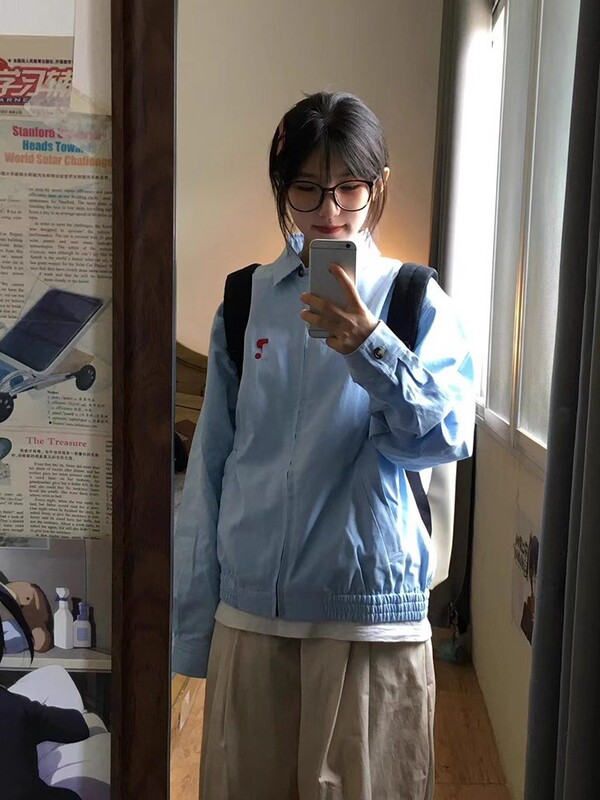 春秋浅蓝色外套女爆款新款日系小个子百搭棒球服宽松休闲翻领夹克|undefined