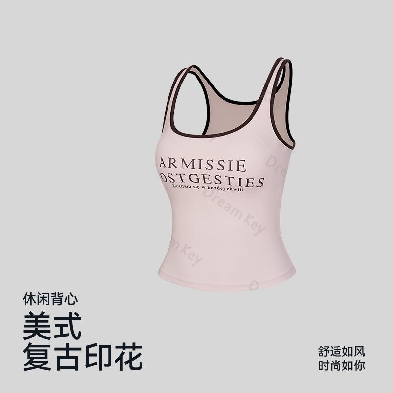 New Style American Retro Round-Neck Printed Tank Top with Chest Pads, Suitable for Both Outer and Inner Wear, Slim Fit and Flattering Casual Vest Top