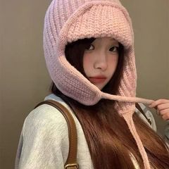 秋冬季加长护耳毛线帽女骑行骑车系带防寒保暖显脸小包头针织帽子