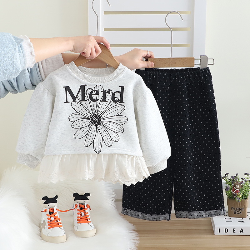 Conjunto de dos piezas para niñas estilo coreano, primavera-otoño 2024 – sudadera y pantalón, venta al por mayor.