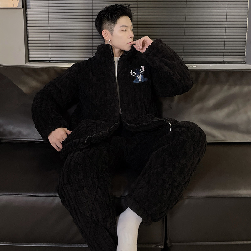 2024 otoño y invierno pijama de hombre coral de lana más lana gruesa chaqueta de algodón de transmisión en vivo manga larga conjunto de tres capas de algodón intercalado de calor