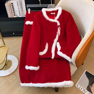 300kg plus size women's chubby girl new Chinese winter cotton red short coat skirt two-piece 2024 new