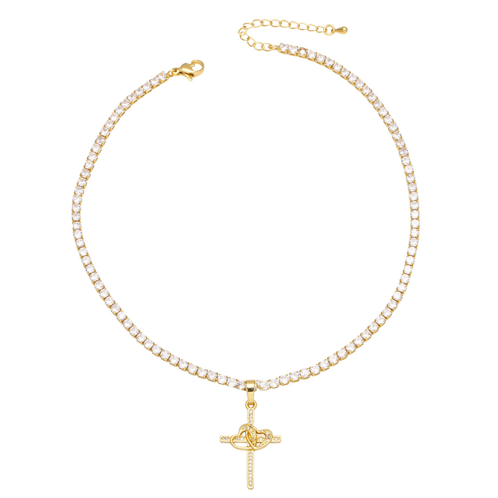 fashion single row diamond colored zircon heart cross copper clavicle chain