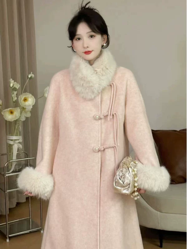 Velvet woolen coat with down, Chinese style, duck down, plus size, fitted