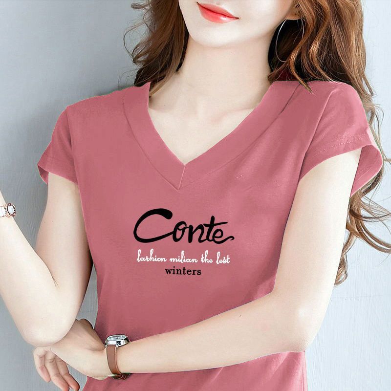 100 Cotton Short-sleeved T-shirt Women's 2024 Summer New Korean-style All-match Thin Trendy V-neck T-shirt Top