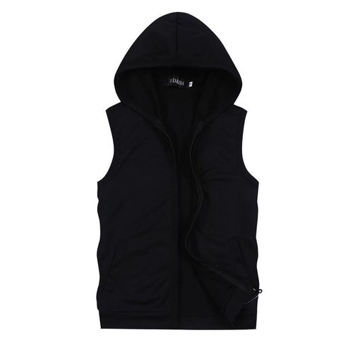Spring and Autumn sleeveless plus-size hooded sporty vest for men, trendy slim-fit cap top, thin fitness pure color backless jacket outerwear