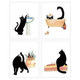黑猫浴室装饰画趣味浴室墙画一套 4 张现代动物猫咪图片小猫洗澡