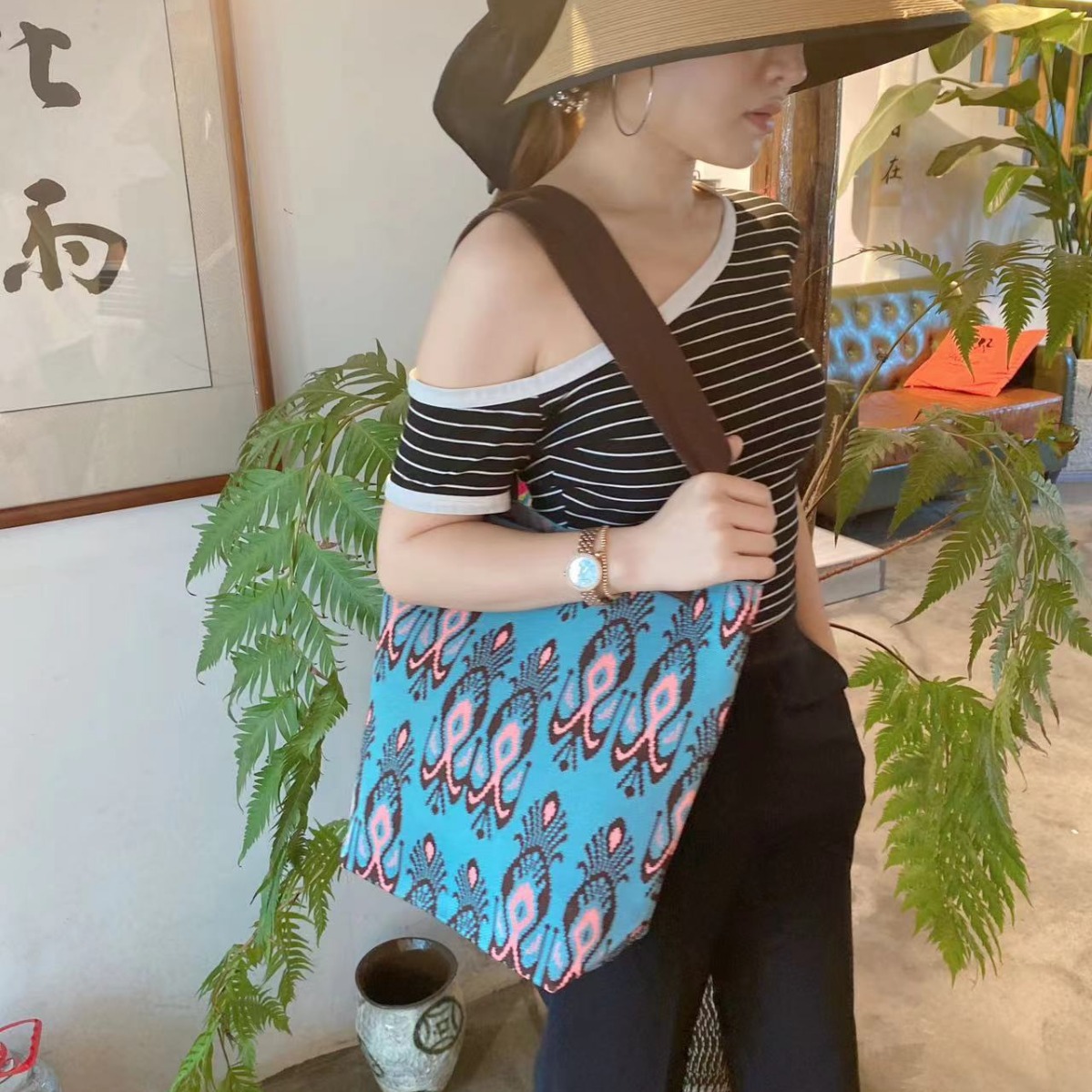 跨境托特包女2024春新款森系民族风大包单肩包托特包针织包定制