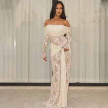 欧美外贸女装2025秋季新款气质蕾丝拼接长裙一字肩长袖绑带连衣裙
