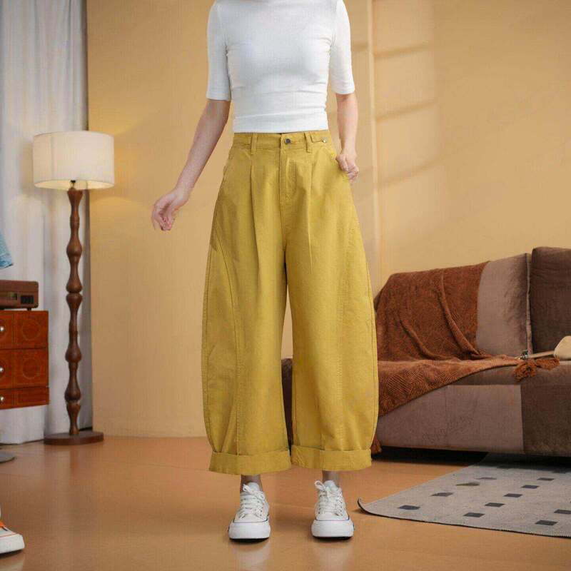 Nine-Point Ginger Yellow Denim Bell-Bottom Pants for Women, 2026 Summer New Thin High-Waisted Rolled-Edge Wide-Leg Balloon Pants