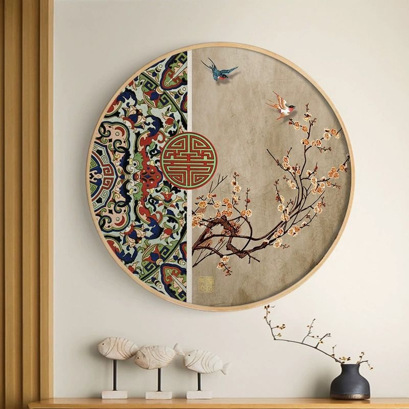 中式圆形玄关装饰画中国客厅走廊过道背景墙壁画餐厅茶室花鸟挂画