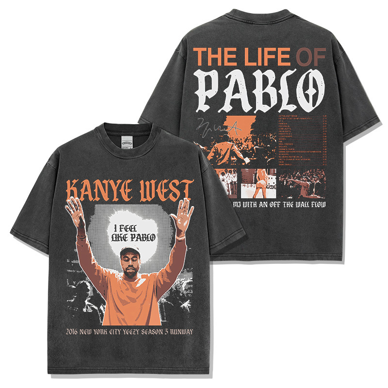 Cross-border American-style Hip-hop Kanye West Printed Washed Short-sleeved T-shirt Round Neck Loose Hooded Sweat for Men Cross-border American-style Hip-hop Kanye West Printed Washed Short-sleeved T-shirt Round Neck Loose Hooded Sweat for Men