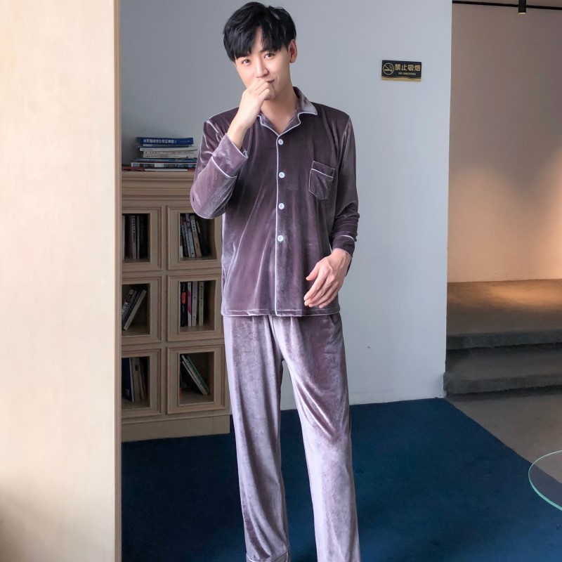 Oro de terciopelo pareja pijamas de las mujeres de estilo coreano de otoño y traje de invierno más tamaño de la boda de manga larga cardigan desgaste del hogar hombres