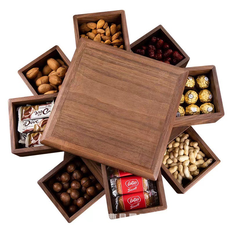 Retro de madera sala de estar caja de fruta seca giratoria fruta merienda plato tarde té caramelo galleta tuerca caja