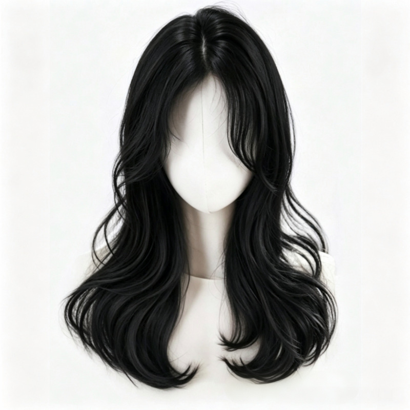 Cross-border black women's medium-length wavy wig with white silk scalp cover, multi-layered natural curly hair replacement piece