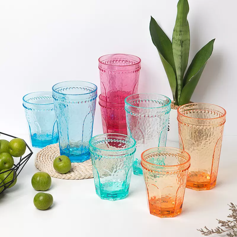 厂家批发亚克力塑料水杯耐摔加厚加高八角杯纯色透明锤花纹水杯