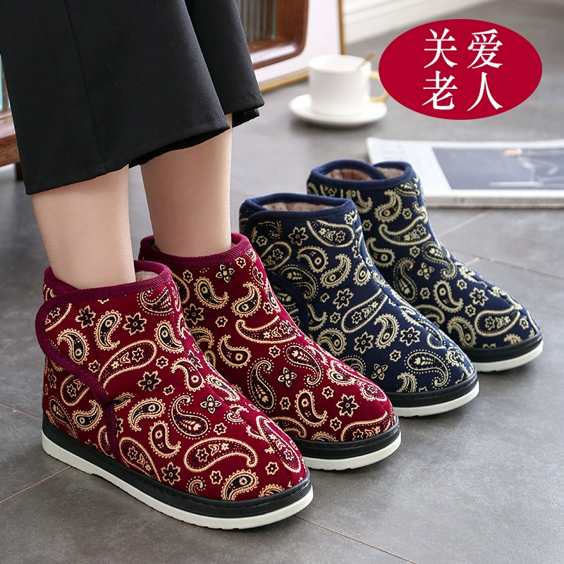 Хлопковые тапочки для пожилых людей, женская зимняя хлопковая обувь, домашняя и уличная одежда, утолщенная Нескользящая сумка, каблук для бабушки и мамы, обувь с вышивкой