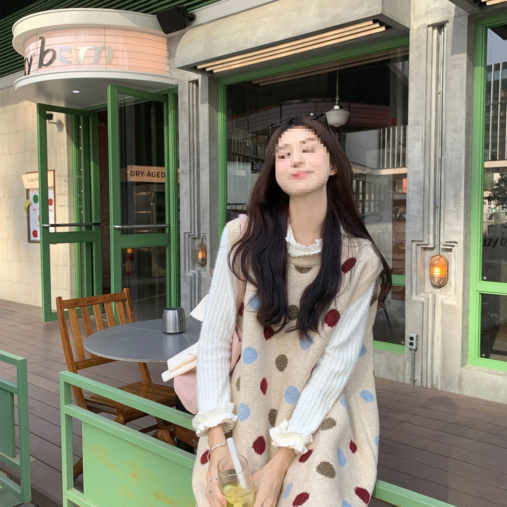 秋冬日系彩色波点撞色针织背心连衣裙大码时尚休闲百搭圆领长裙子