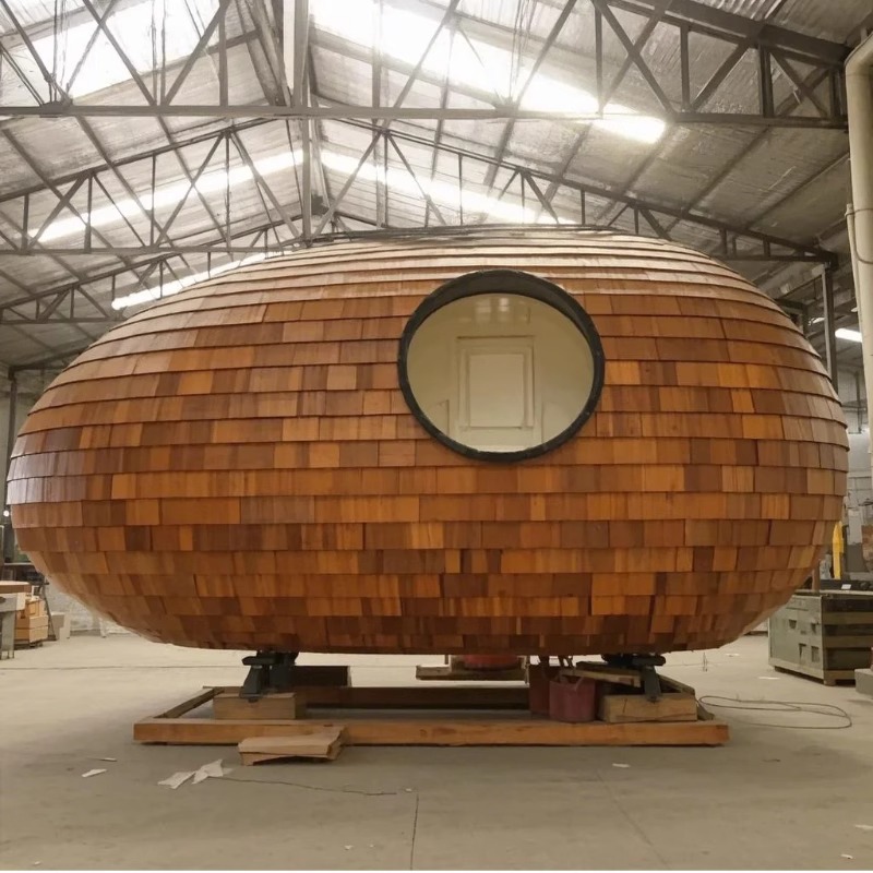 Creatividad al aire libre anti-corrosivo de forma alienígena casa de madera villa residencial tarjeta perforada en línea cápsula estilo hotel de vacaciones camping