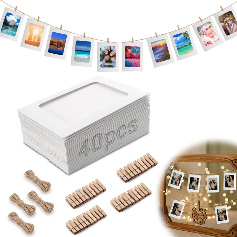 40 pieces of hanging paper photo frame 6 inches photo frame with 40 wooden clips 4 rolls of hemp rope
