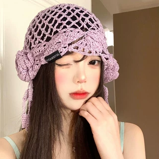 复古民族风流苏立体花朵包头帽女春夏度假文艺风镂空钩花套头帽子