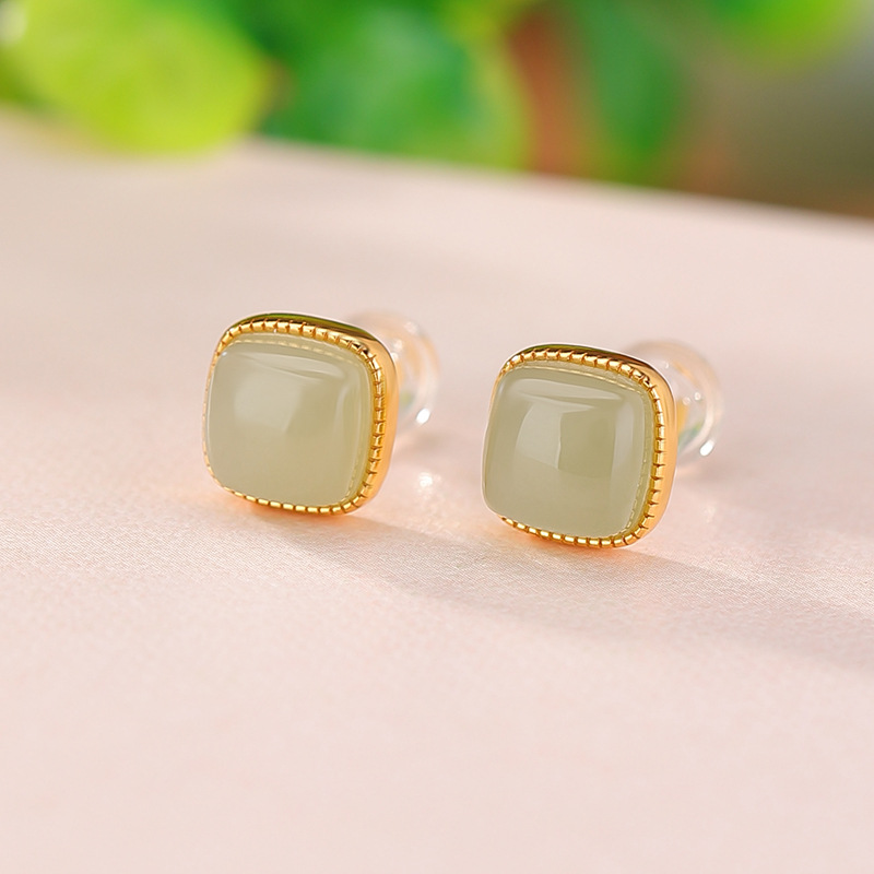 Bông tai bạc S925 mạ vàng đính đá vuông phong cách cổ điển — Một cặp