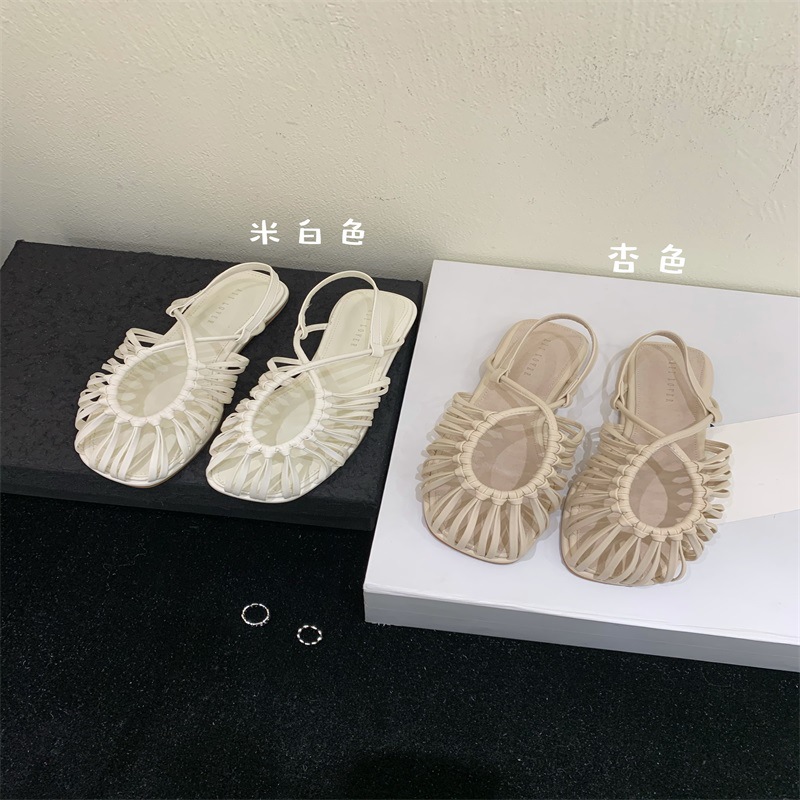 2025 Summer New Soft Sole Comfortable Roman Shoes Elegant Korean Style Woven Belt Hollow Flat Beach Sandals for Women
