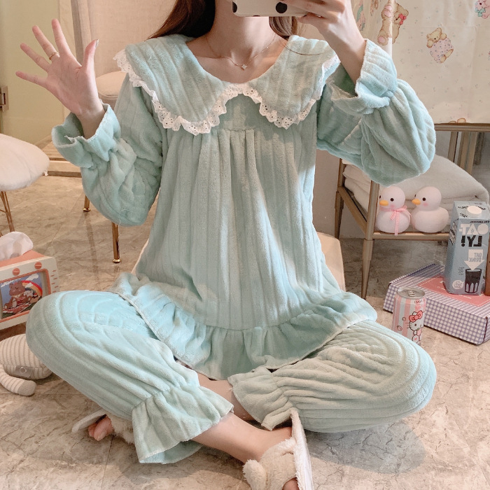 Pijamas de lana de coral con cuello de muñeca dulce francés para mujer más terciopelo engrosado ropa de hogar de franela de invierno traje de gran tamaño invierno