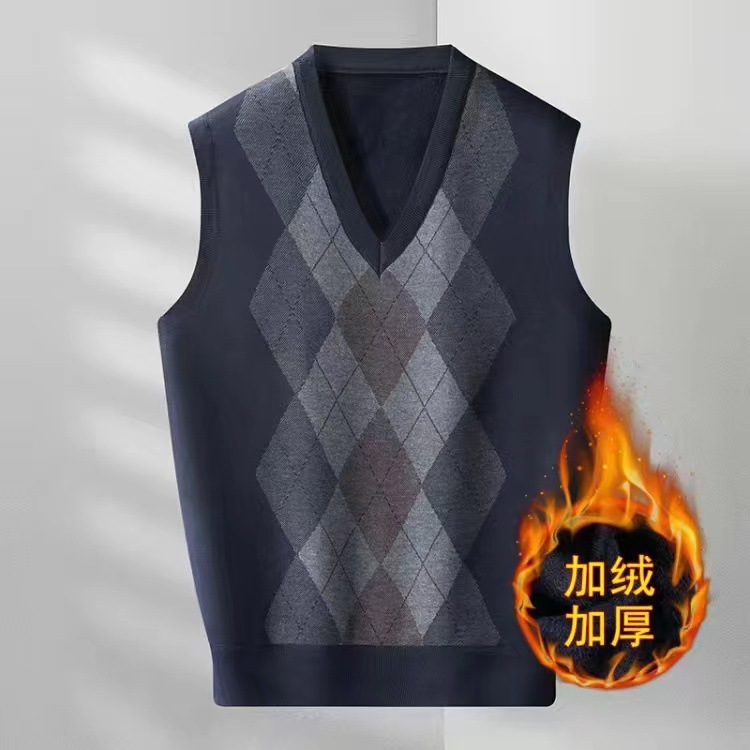 Dropshipping Autumn and Winter Men's Velvet Thickeneded V Neck Quilted Vest Casual Jacquard Sweater Pullover Vest
