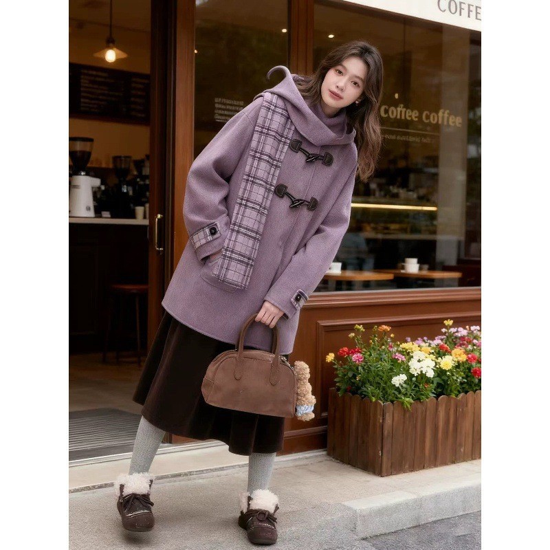 'Taro Milk Mist' Winter Purple Removable Hat Double-Sided Wool Outwear